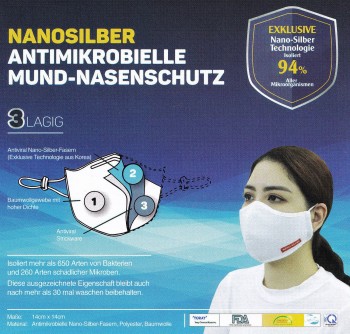 Mundschutz Nasenschutz Antimikrobiell 3-Lagig 2er Set Waschbar